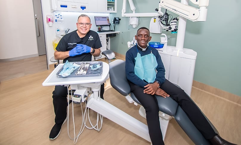 Dr Robert Aslan with his “patient” Fr Richard Ddumba, who will celebrate the first anniversary Mass for the surgery on 13 June. Photo: Giovanni Portelli