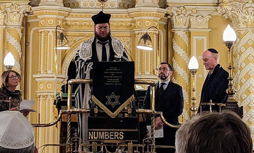 Rabbi Menachem leads the Jewish Memorial Prayer alongside Chief Rabbi Dr Benjamin Elton, Uniting Church minister Rev. Jolyon Bromley and narrator Anne Melkman. Photo: Supplied