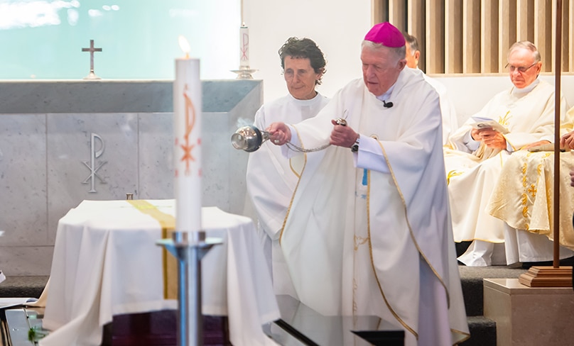 Bishop Terence Brady Incenses the coffin at the Funeral Mass for Peter O'Meara on 17 June. Photo: Giovanni Portelli