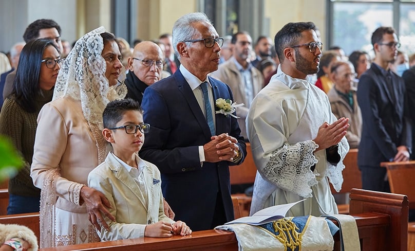 Then-Deacon Sheldon Burke CRS with his mother, Shirley and father, Desmond at his ordination to the priesthood at St Mary's Cathedral, Perth, on 17 June. Photo: Ron Tan/Archdiocese of Perth