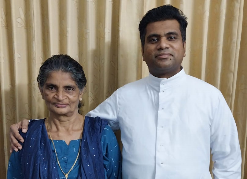 Deacon Vinco Muriyadan following his successful kidney transplant surgery in Kerala, India, with his mother Ruby, who donated her kidney to him. Photo: Supplied