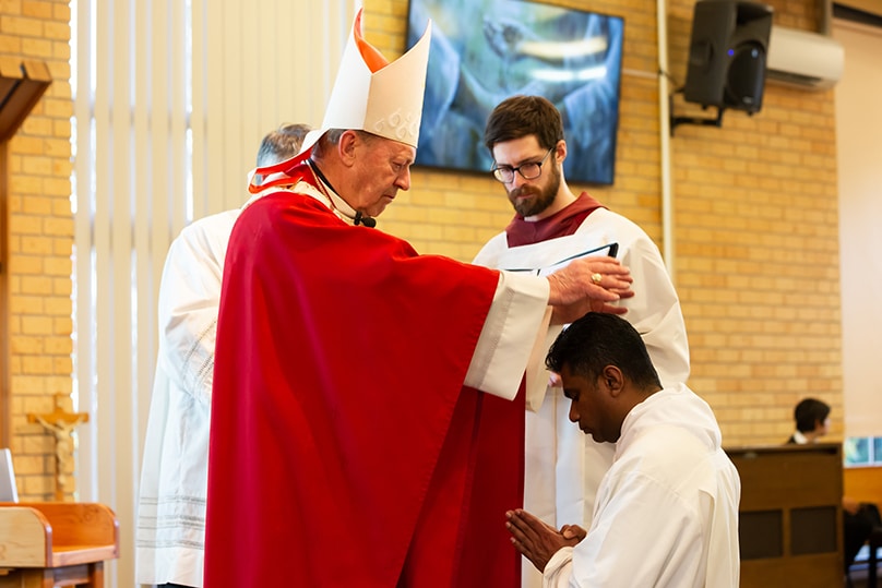 Archbishop Julian Porteous ordains Vinco Muriyadan to the Diaconate in November 2022. Photo: Supplied