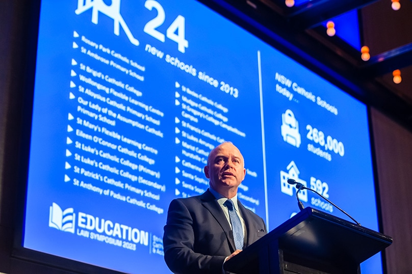 Catholic Schools NSW CEO Dallas McInerney gave wide-ranging opening remarks at the CSNSW education law symposium on 6 July. Photo: Giovanni Portelli