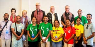 Bus Leader Jessica Nohra, Sydney Archdiocese director of chancery projects Kathy Campbell, Bishop Richard Umbers, Archbishop Anthony Fisher OP, Bishop Daniel Meagher with pilgrims from Timor-Leste who were sponsored by the Archiocese of Sydney. Photo: Mathew De Sousa