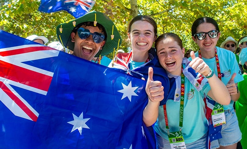 Pilgrims at World Youth Day celebrate their faith at the Aussie Gathering in Portugal. Photo: Mathew De Sousa
