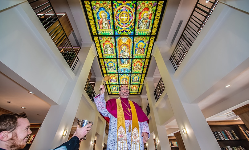 Wilcannia-Forbes Bishop Columba Macbeth-Green blessed the new residential buildings and academic centre, which includes a grand hall along with two-storey library, lecture theatre, media room and additional classrooms. Photo: Giovanni Portelli