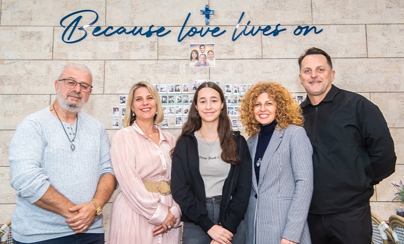 Deanna Miloni is the recipient of the college’s new Véronique Sakr Scholarship, which will support her tuition from Year 10, which is funded by Véronique’s mother Bridget Sakr, second from right, and her husband Craig McKenzie. Photo: Giovanni Portelli