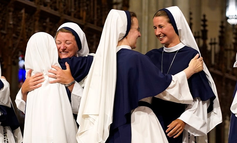 The newly professed Sisters of Life, including Sr Mary Grace are congratulated by fellow members of their religious community during a special Mass at St. Patrick’s Cathedral in New York City on 5 August. Photo: OSV News photo/Gregory A. Shemitz