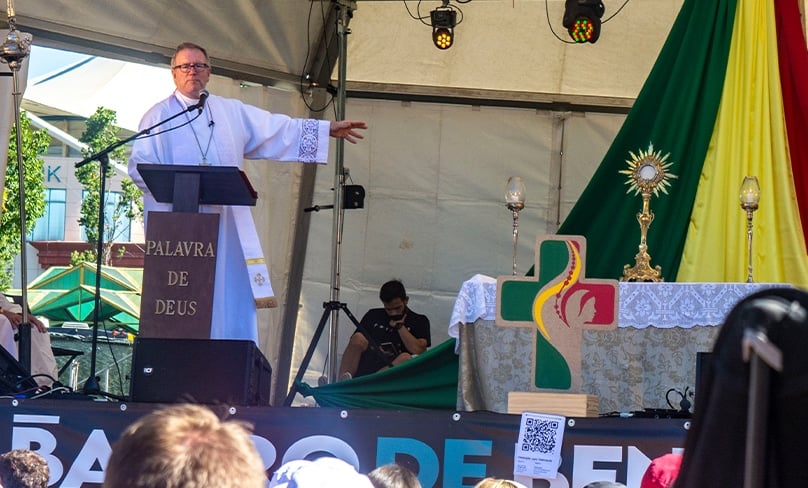 Instead of the jumping up and down, Bishop Barron's Catechesis started with exposition of the blessed sacrament, a Eucharistic procession  and confessions being heard by 50-100 priests. Photo: Mat De Sousa