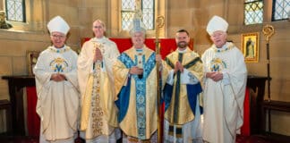 Archbishop Anthony Fisher OP, BIshop Daniel Meagher and Bishop Terrence Brady with the newly ordained Frs Richard Sofatzis and Matthew Lukaszewicz. Photo: Giovanni Portelli