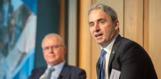 Commonwealth Bank CEO Matt Comyn, with Executive Director of Administration and Finance Michael Digges, spoke on the impact of current economic conditions. CBA is a partner and supporter of the Catholic Archdiocese of Sydney. Photo: Giovanni Portelli