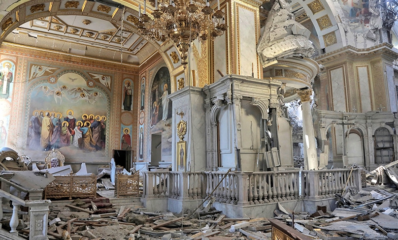 The Transfiguration Cathedral was damaged during a Russian missile strike on Odesa, Ukraine. Photo: OSV News photo/Nina Liashonok, Reuters