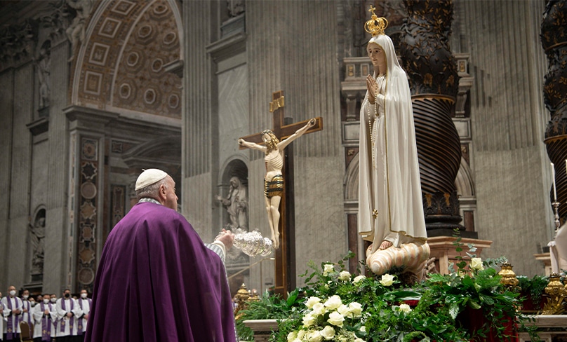 Pope Francis burns incense after consecrating the world and, in particular, Ukraine and Russia to the Immaculate Heart of Mary in St. Peter’s Basilica at the Vatican on 25 March, 2022. Photo: OSV News photo/Vatican Media