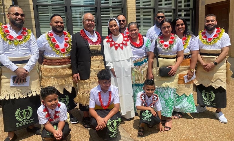 The young sister’s family came in full Tongan garb to celebrate her final profession. Photo: Supplied 