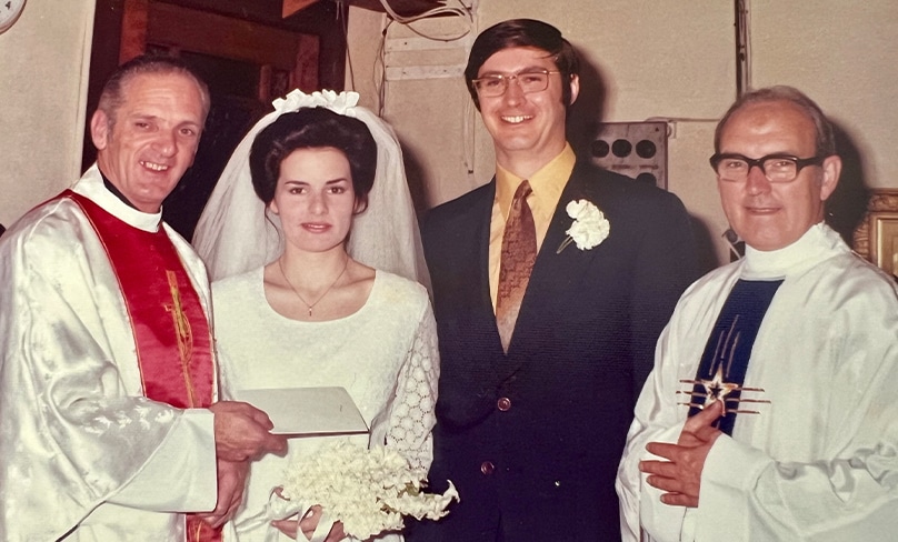 Juli Joyce and Greg Smith on their wedding day at St Michael’s, Lane Cove on 1 September 1973. Photo: Supplied
