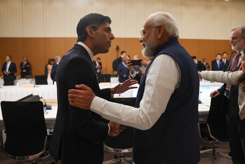 Indian Prime Minister Narendra Modi and British Prime Minister Rishi Sunak attend the G7 Leaders Summit in Hiroshima Japan. Photo: Number 10/Flickr, CC BY-NC-ND 2.0