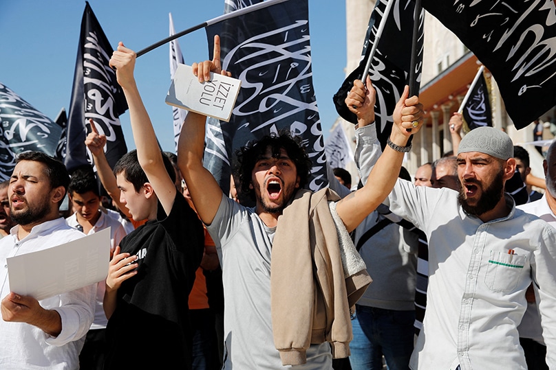 Demonstrators shout slogans in Istanbul 8 October 2023, during a rally in solidarity with Palestinians following attacks by Hamas militants in southern Israel. Photo: OSV News photo/Dilara Senkaya, Reuters