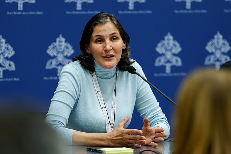 Sister Liliana Franco Echeverri, a member of the Company of Mary and president of the Latin American Confederation of Religious, speaks during a briefing about the assembly of the Synod of Bishops at the Vatican 10 October 2023. Photo: CNS photo/Lola Gomez