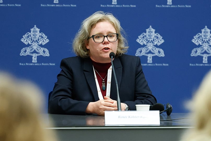 Renee Kohler-Ryan, a synod member and professor at the University of Notre-Dame Australia, told reporters that the synod discussions, including about women, are much broader than the media would have people believe. Photo: CNS photo/Lola Gomez