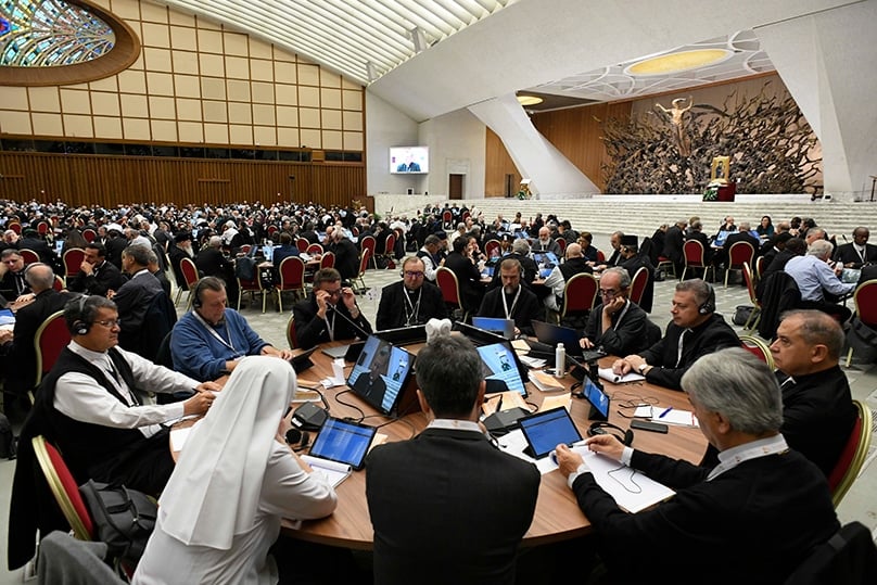Participants in the assembly of the Synod of Bishops meeting in the Paul VI Audience Hall at the Vatican on 25 October 2023. Photo: CNS photo/Vatican Media