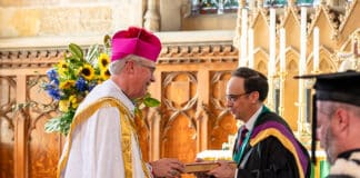 Dr Mark Schembri was installed as the 21st rector of St John’s College at the University of Sydney in a ceremony celebrated by Auxiliary Bishop Richard Umbers. Photo: Patrick Lee/St John’s College