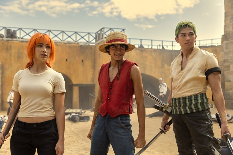 Emily Rudd, Iñaki Godoy and Mackenyu Arata star in adventure anime One Piece. Photo: Casey Crafford/Netflix