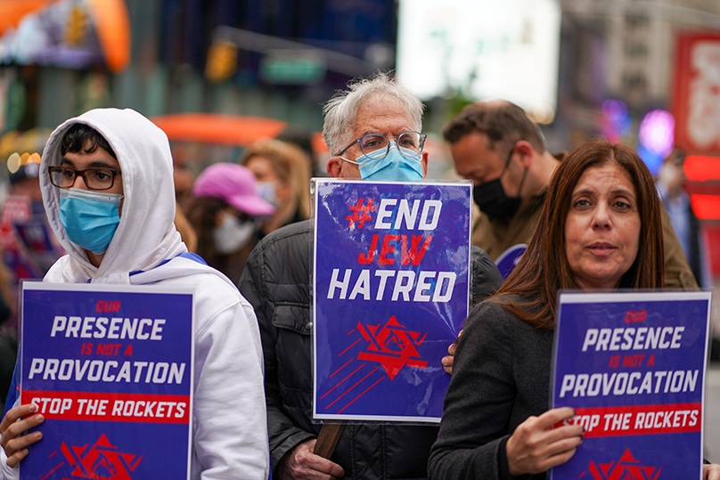 People participate in a pro-Israel rally at Times Square in New York City in May 2021. Photo: CNS photo/David Delgado
