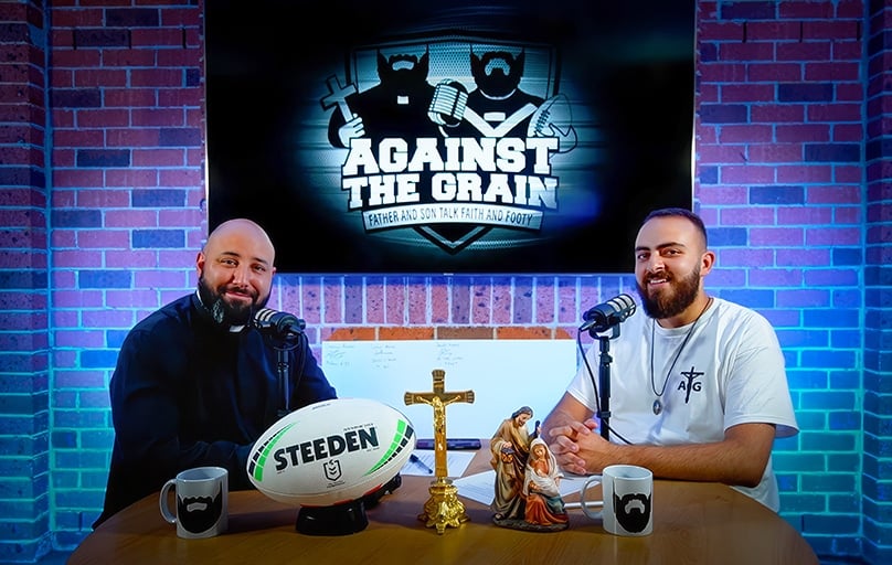 Lifelong Bulldogs fans Fr Benjamin Saliba and Anthony Eltarraf explore the connection between their love of Catholicism and rugby league with their new podcast, Against the Grain. Photo: Against the Grain Podcast