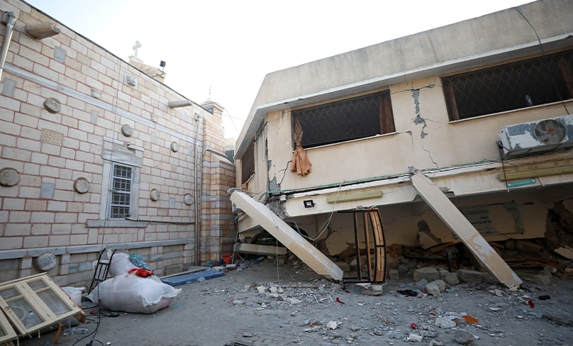 Debris surrounds St. Porphyrios Greek Orthodox Church in Gaza on 20 October 2023, after an explosion went off the night before. Photo: OSV News photo/Mohammed Al-Masri, Reuters