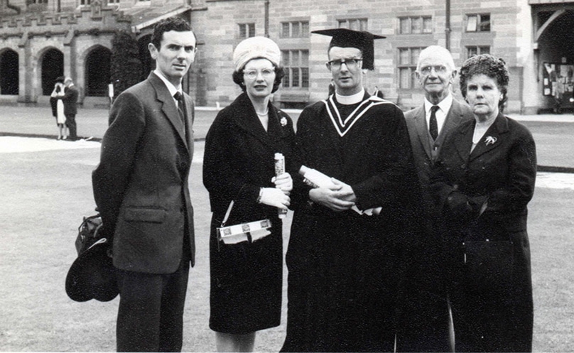 Monsignor Mullins with his parents, Dorothy and Allan, his sister Joan (Msgr Mullins’ remaining sibling, now 101 years old) and brother Mark. Photo: Supplied