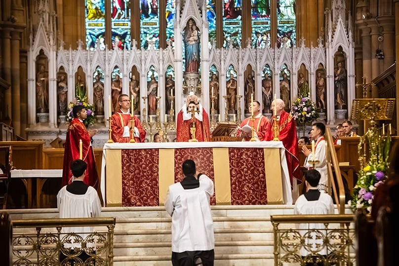 Fr Jason Rushton of the Servants of Jesus and Mary celebrates a thanksgiving Mass with family and friends at St Mary’s Cathedral on 28 October. Photo: Giovanni Portelli