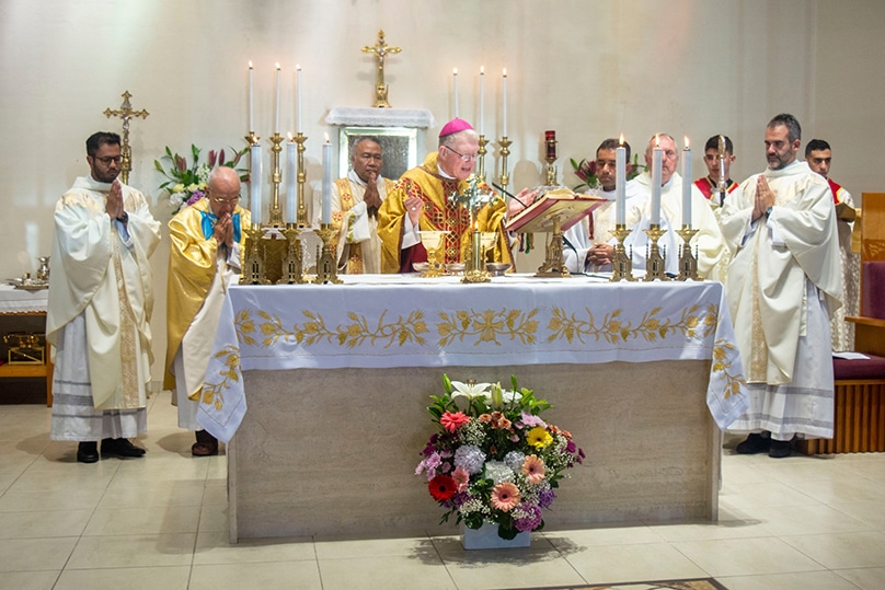 Bishop Emeritus Terry Brady celebrated Mass for the Golden Jubilee of St Joseph’s Moorebank with parish priests, present and former, and the parish community. Photo: Mathew De Sousa
