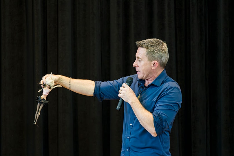 On a 45 degree day at a packed auditorium at Patrician Brothers, Fairfield, 200 parents and their teenagers accepted an invitation to hear Jason Evert deliver the “truth bombs” for which he’s become so renowned. Photo: Patrick J Lee