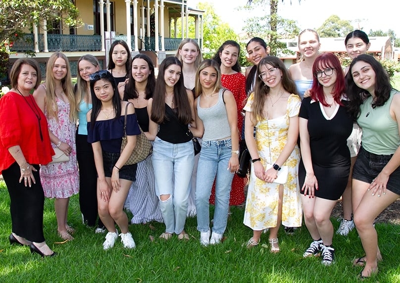 Members of the high-achieving Domremy HSC cohort with their principal, Antoinette McGahan (left). Photo: Marilyn Rodrigues