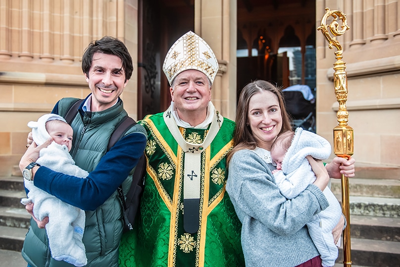 Above: Archbishop FIsher with four young Catholics. Below: Happy couples from Life, Marriage and Family Sunday 2023 at St Mary’s Cathedral. Photo: Giovanni Portelli
