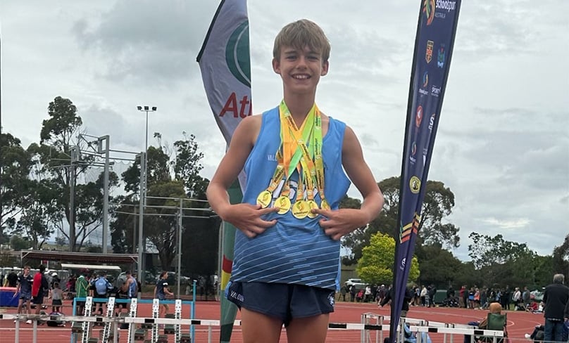 Lachlan Chappell pictured at the School Sport Australia Athletics Championships 2023 with his five gold medals. Photo: Belinda Chappell