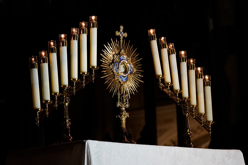 A monstrance containing the Blessed Sacrament is displayed on the altar during a Holy Hour at St. Patrick's Cathedral in New York City. Photo: OSV News photo/Gregory A. Shemitz