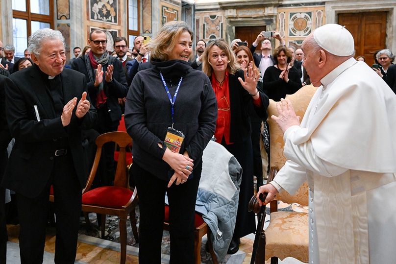 Pope Francis meets with members of the International Association of Journalists Accredited to the Vatican in the Clementine Hall of the Apostolic Palace at the Vatican on 22 January. Photo: CNS photo/Vatican Media