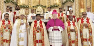 Newly-ordained Fr Vinco Muriyadan flanked by Bishop Tony Neelankavil (at left) and Archbishop Julian Porteous. Photo: Supplied