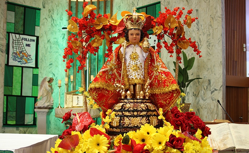 The statue of Santo Niño de Cebú with a gold crown, globus cruciger, sceptre and fine garments arrived last year from the Basilica of Sto Niño in Cebu. Photo: George Al-Akiki