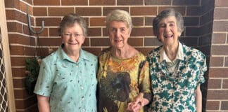Neighbours and old friends Jo Mercer (centre), Sr Faye Kenny, and Sr Maureen Keady. Photo: Supplied