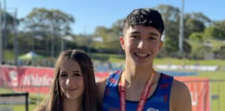 Sydney Catholic Schools students Hannah Sorojevic and Oliver Facer won gold in respective hurdle events at 2023 Chemist Warehouse Australian All Schools Athletics Championships. Photo: Greg Kane