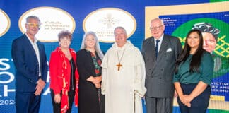 Carsten Primdal, Sr Mary Leahy rsj, Alison Rahill, John McCarthy KC and Ciantal Bigornia with Archbishop Fisher. Photo: Giovanni Portelli