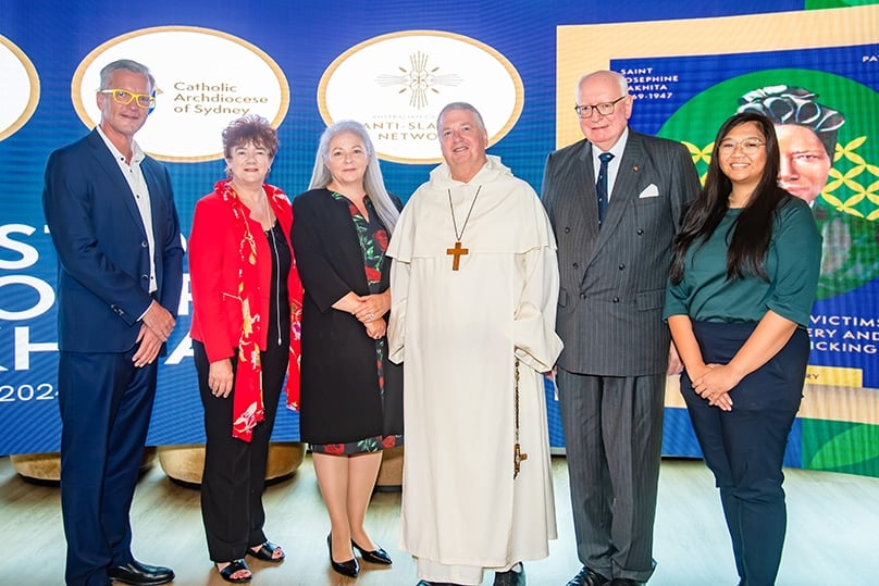 Carsten Primdal, Sr Mary Leahy rsj, Alison Rahill, John McCarthy KC and Ciantal Bigornia with Archbishop Fisher. Photo: Giovanni Portelli