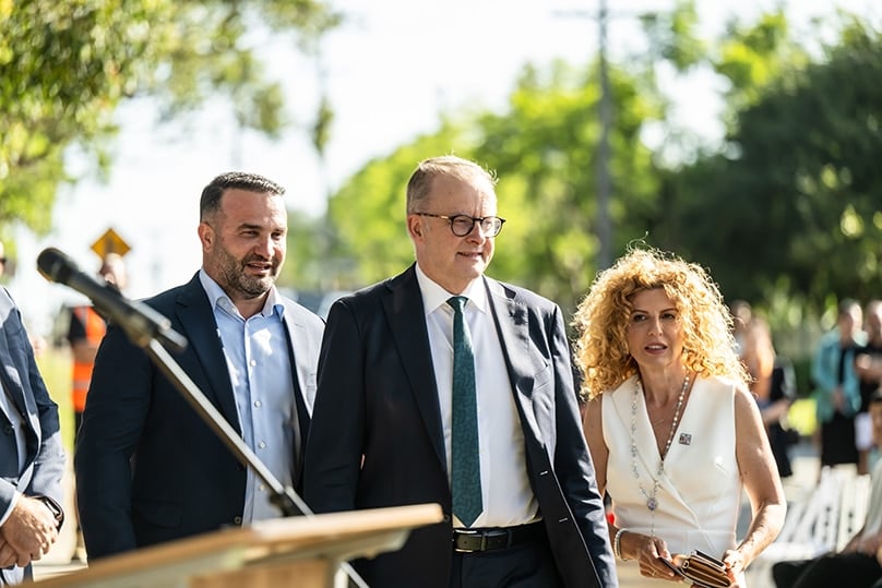 Danny Abdallah, Prime Minister Anthony Albanese and Bridget Sakr at the opening of the memorial garden for the Abdallah and Sakr children on Saturday. Photo: Giovanni Portelli
