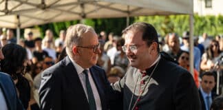 Prime Minister Anthony Albanese speaks with Maronite Bishop Antoine-Charbel Tarabay at the Memorial garden honouring the Abdallah and Sakr children. Photo: Giovanni Portelli