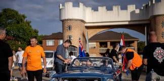 Fr Davor Philco, parish priest at Summer Hill’s Croatian church, celebrated Mass and conducted a pilgrim blessing before over 100 muscle cars and motorbikes set off for Figtree on the second annual Croatian Pilgrimage Cruise. Photo: Alphonsus Fok