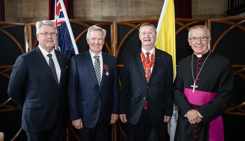 From left: Archdiocesan Chancellor Chris Meaney, Geoff Laing, Greg Smith SC, with Bishop Daniel Meagher. Photo: Giovanni Portelli