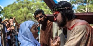 Peter Bruggeman plays Jesus in the Passion play that drew thousands to the Shrine of Our Lady of Mercy at Penrose Park in the NSW southern highlands on Good Friday. Photo: Giovanni Portelli