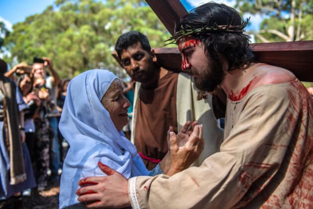 Peter Bruggeman plays Jesus in the Passion play that drew thousands to the Shrine of Our Lady of Mercy at Penrose Park in the NSW southern highlands on Good Friday. Photo: Giovanni Portelli
